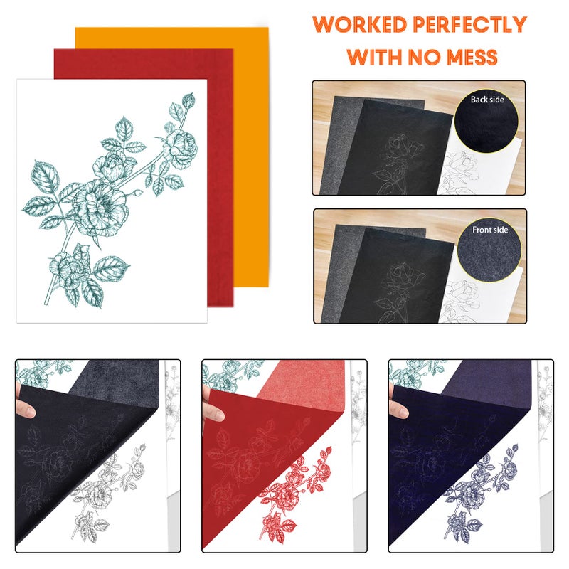 psler ورق كربون لتتبع ورق نقل الجرافيت - PSLER 10 أوراق حمراء، 10 أوراق زرقاء، 10 قطع سوداء لتتبع أنماط الرسم على المشاريع الخشبية، فنان قماش A4 مقاس 8.5 × 11 بوصة - Image 3